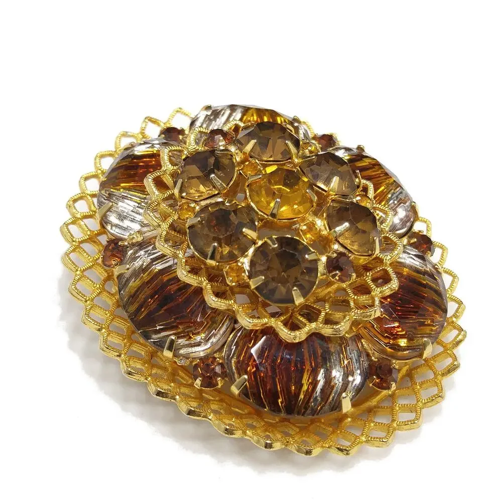 Light Dark Topaz Rhinestones Filigree Brooch, Art Glass, Two Tiered Oval Pin